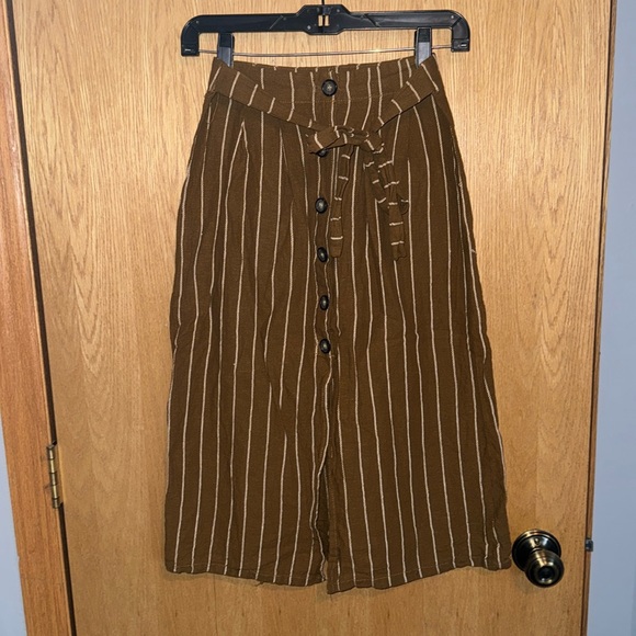 Dresses & Skirts - Brown Stripe Button-Front Midi Skirt with Tie Waist